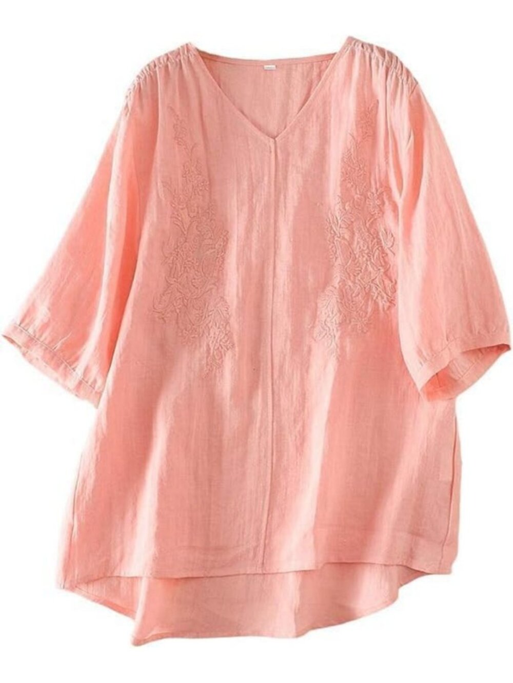 Linen Embroidered V-Neck Blouse | Women's Elbow Sleeve Tunic Top